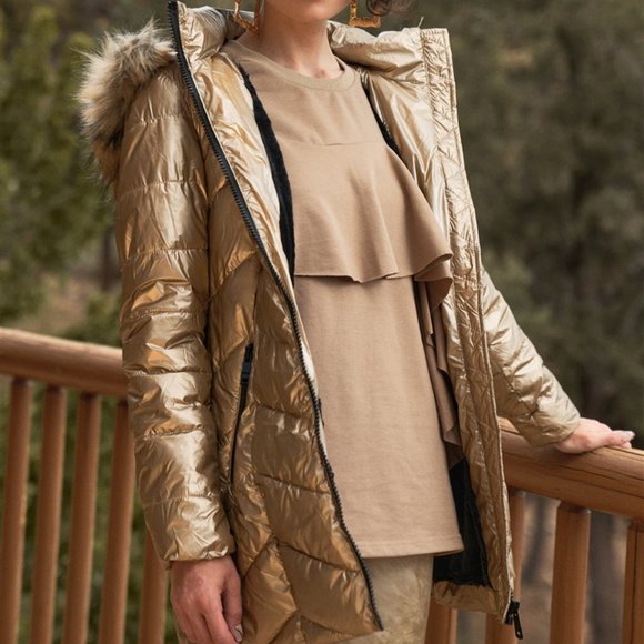 FLEECED LINED GOLD PUFFER JACKET - Picture 3 of 8
